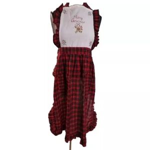 Vintage Christmas Apron Handmade Stenciled Top Bodice Red Plaid Ruffles 80's